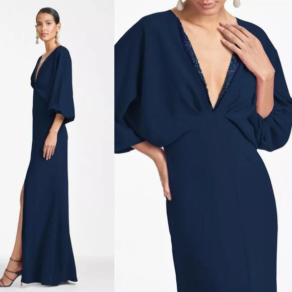 Sachin + Babi Beaded Deep V-Neck Maxi Slit Gown Navy Blue Size US 8 Formal Wear - Picture 10 of 10